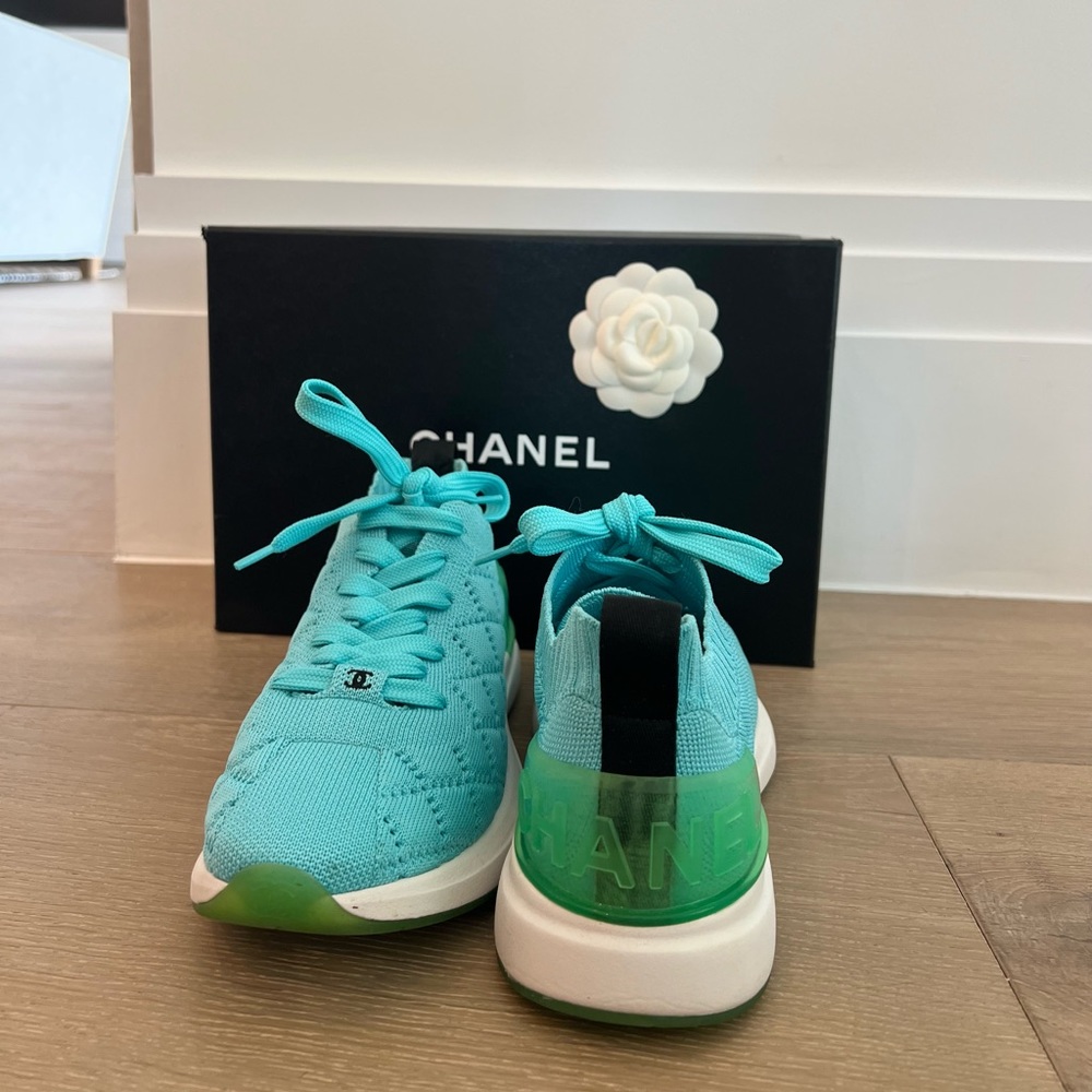Chanel Turquoise quilted knit sock low top sneakers
